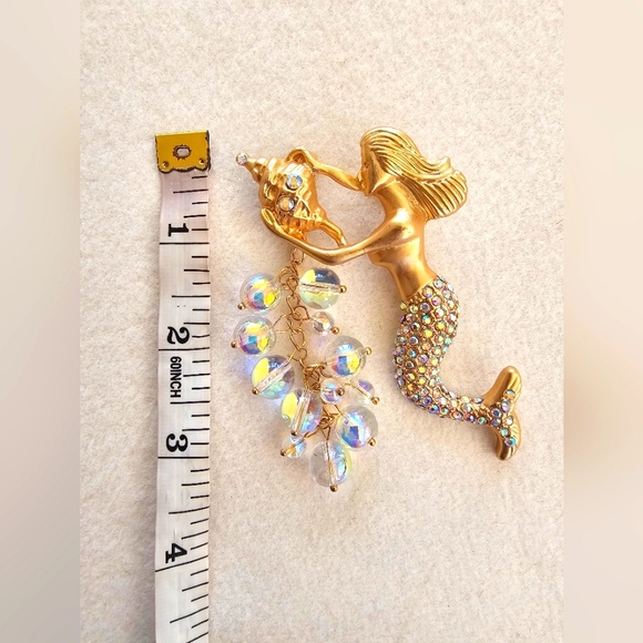 Vintage Kirk's Folly Oceana Gold Aurora Borealis Crystals Mermaid Brooch Dangle - Picture 13 of 15